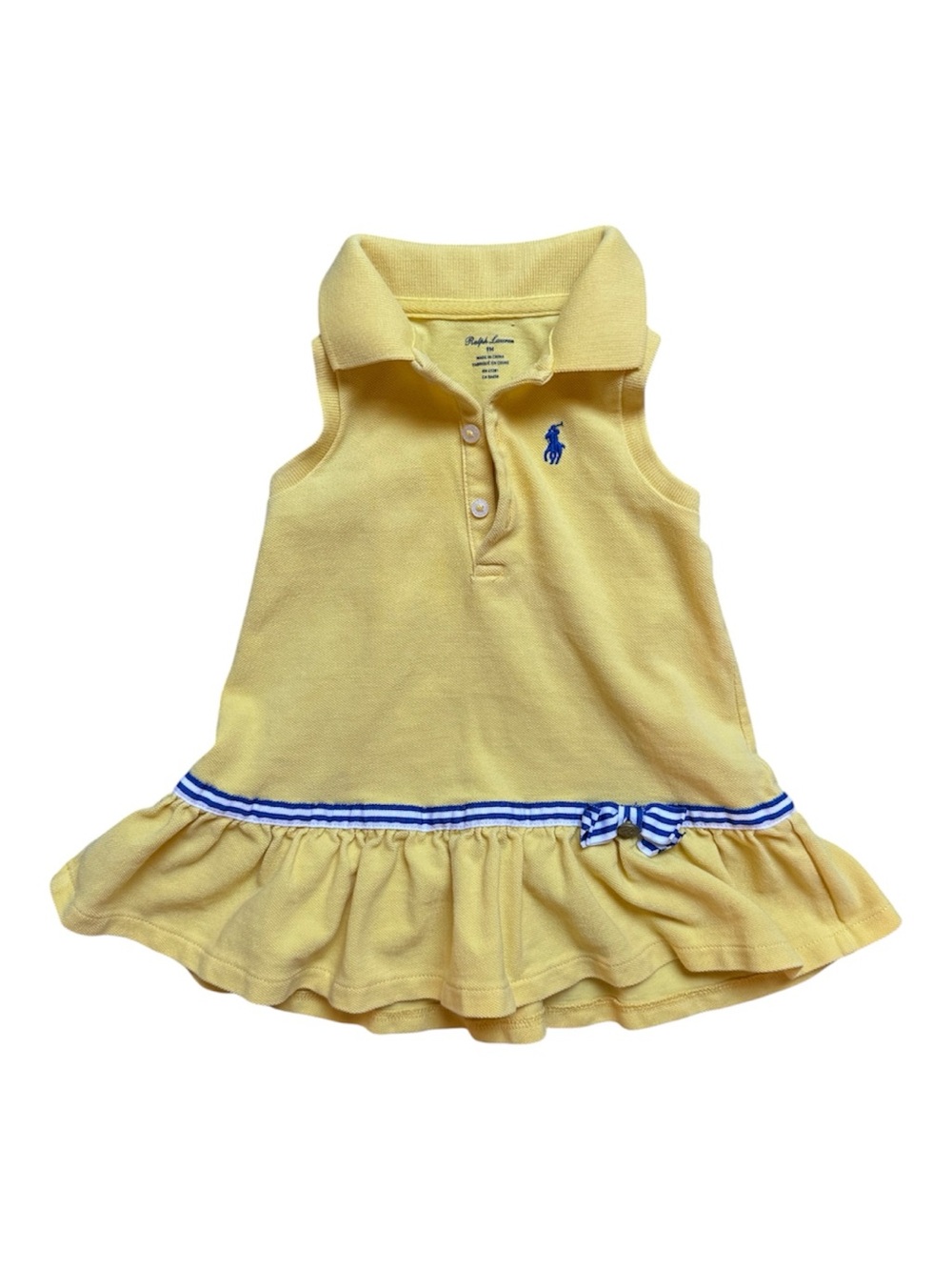 Ralph Lauren Baby Girl Preppy Cotton Yellow & Blue Polo with Stripe Bow 9 Months